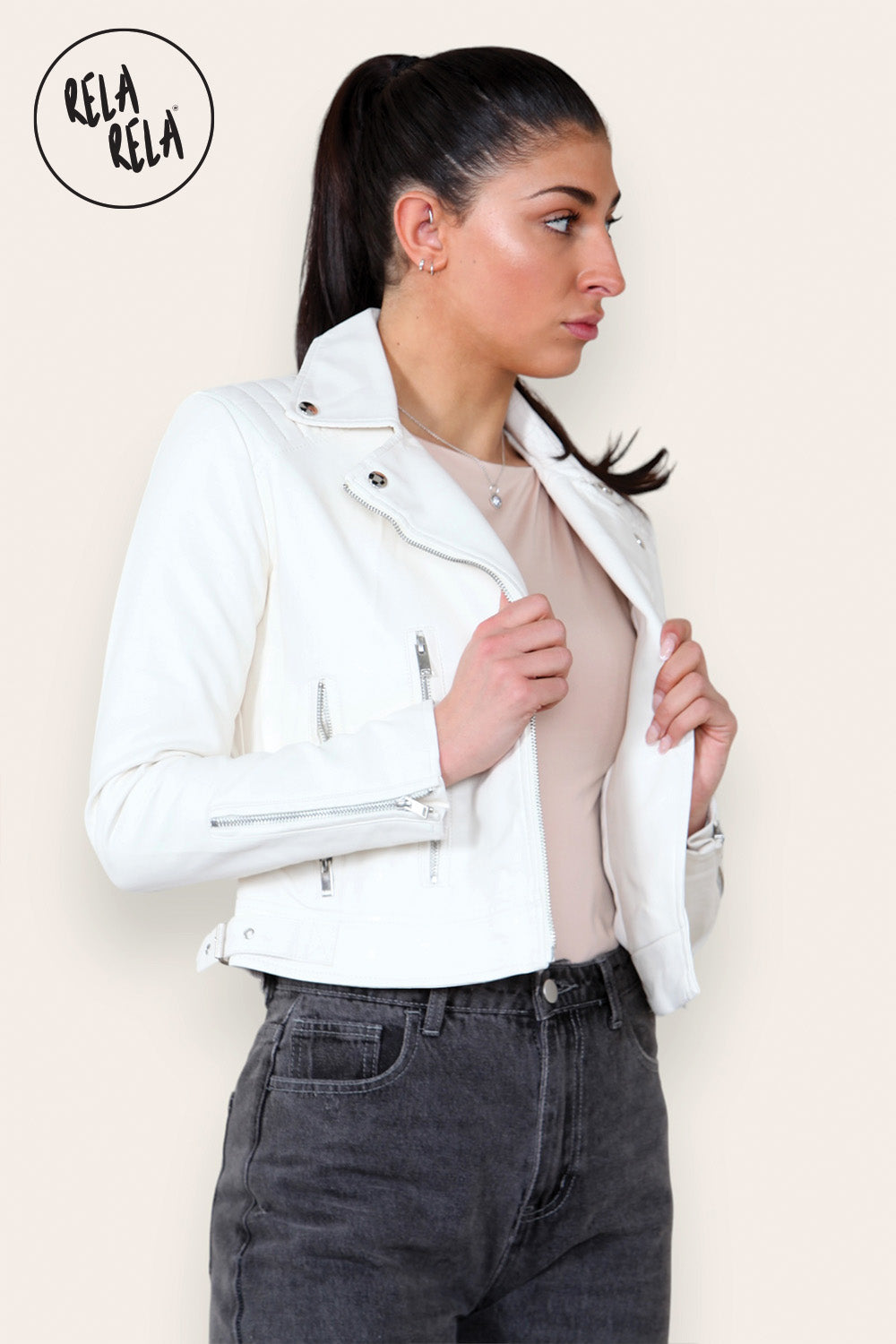 Faux Leather Biker Jacket Zipper Outwear Coat in Cream