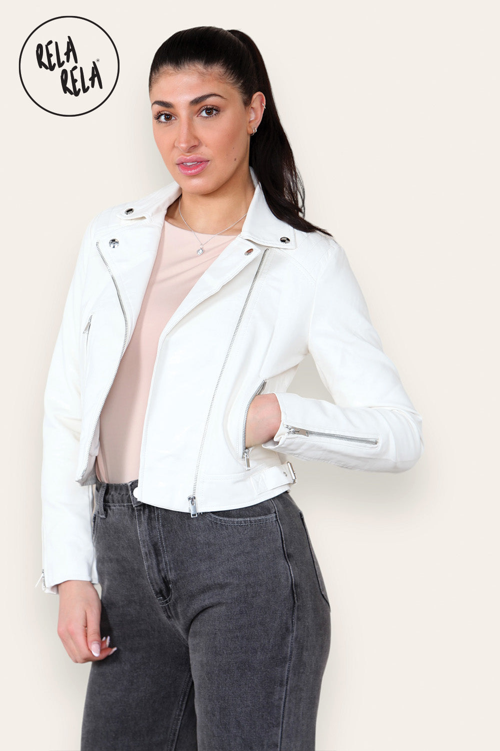 Faux Leather Biker Jacket Zipper Outwear Coat in Cream