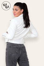 Faux Leather Biker Jacket Zipper Outwear Coat in Cream