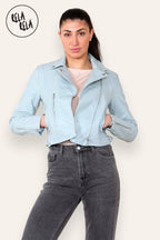 Faux Leather Biker Jacket Zipper Outwear Coat in Powder Blue