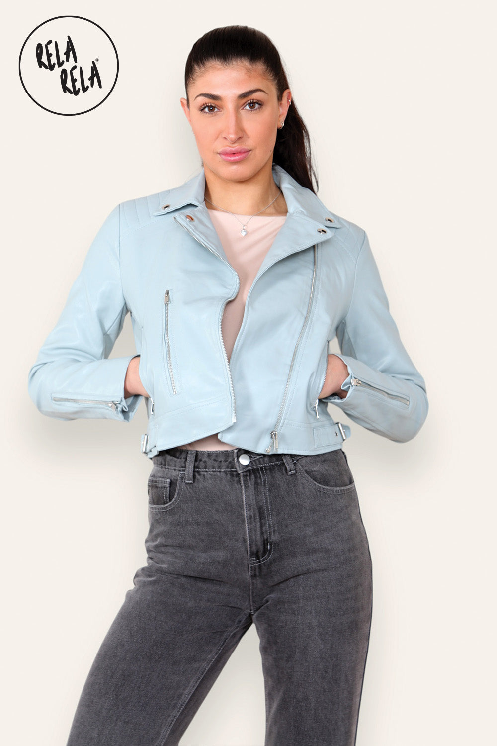 Faux Leather Biker Jacket Zipper Outwear Coat in Powder Blue