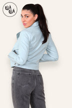 Faux Leather Biker Jacket Zipper Outwear Coat in Powder Blue