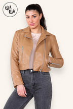 Faux Leather Biker Jacket Zipper Outwear Coat in Camel