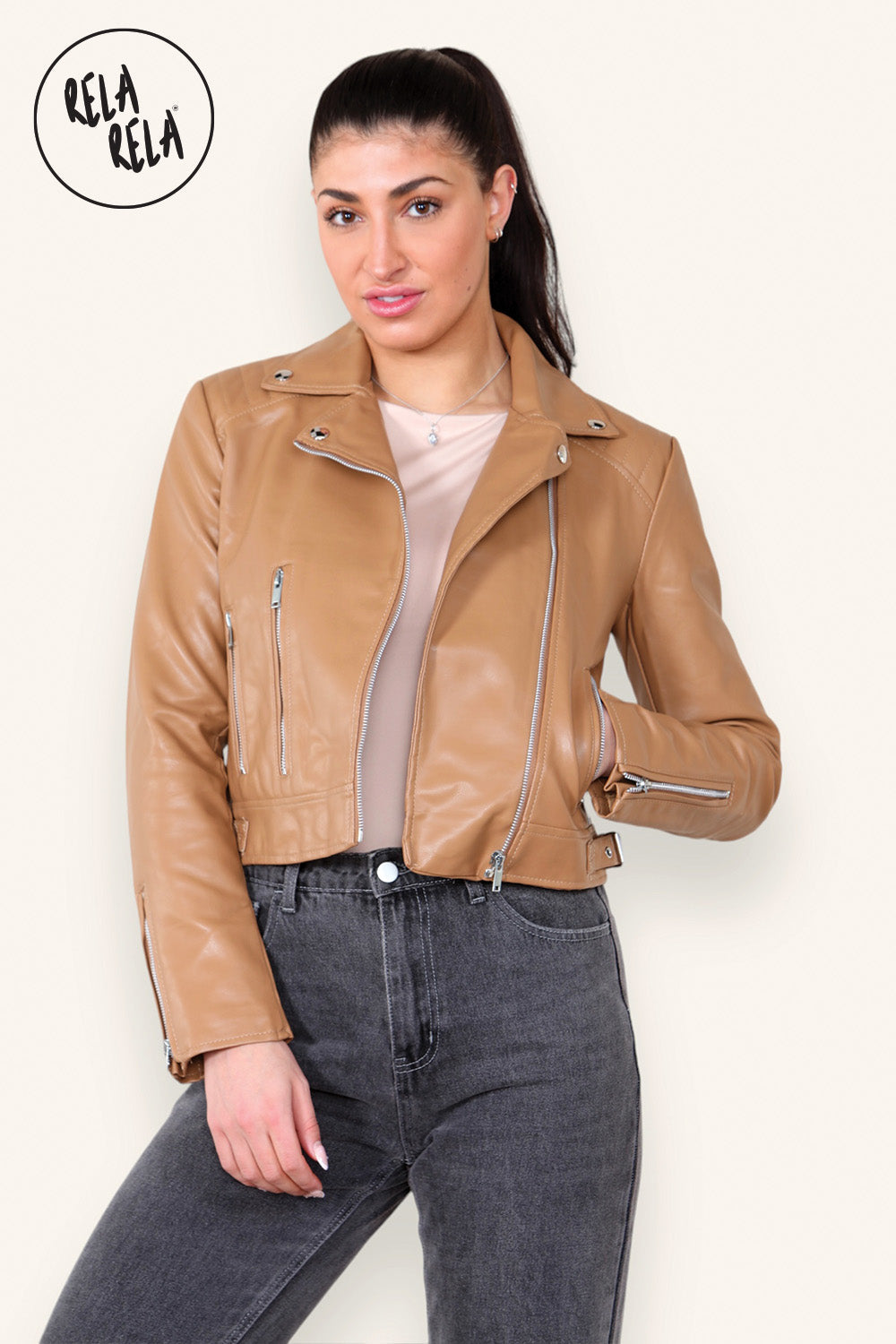 Faux Leather Biker Jacket Zipper Outwear Coat in Camel