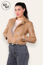 Faux Leather Biker Jacket Zipper Outwear Coat in Camel