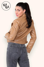 Faux Leather Biker Jacket Zipper Outwear Coat in Camel