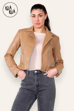 Faux Leather Biker Jacket Zipper Outwear Coat in Camel