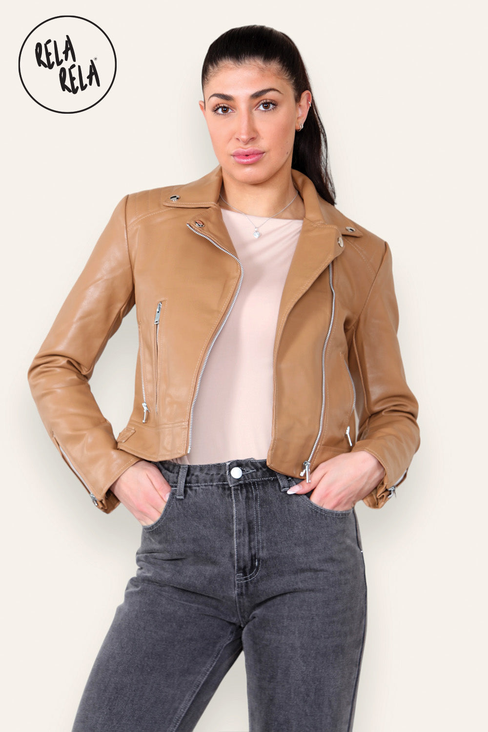 Faux Leather Biker Jacket Zipper Outwear Coat in Camel