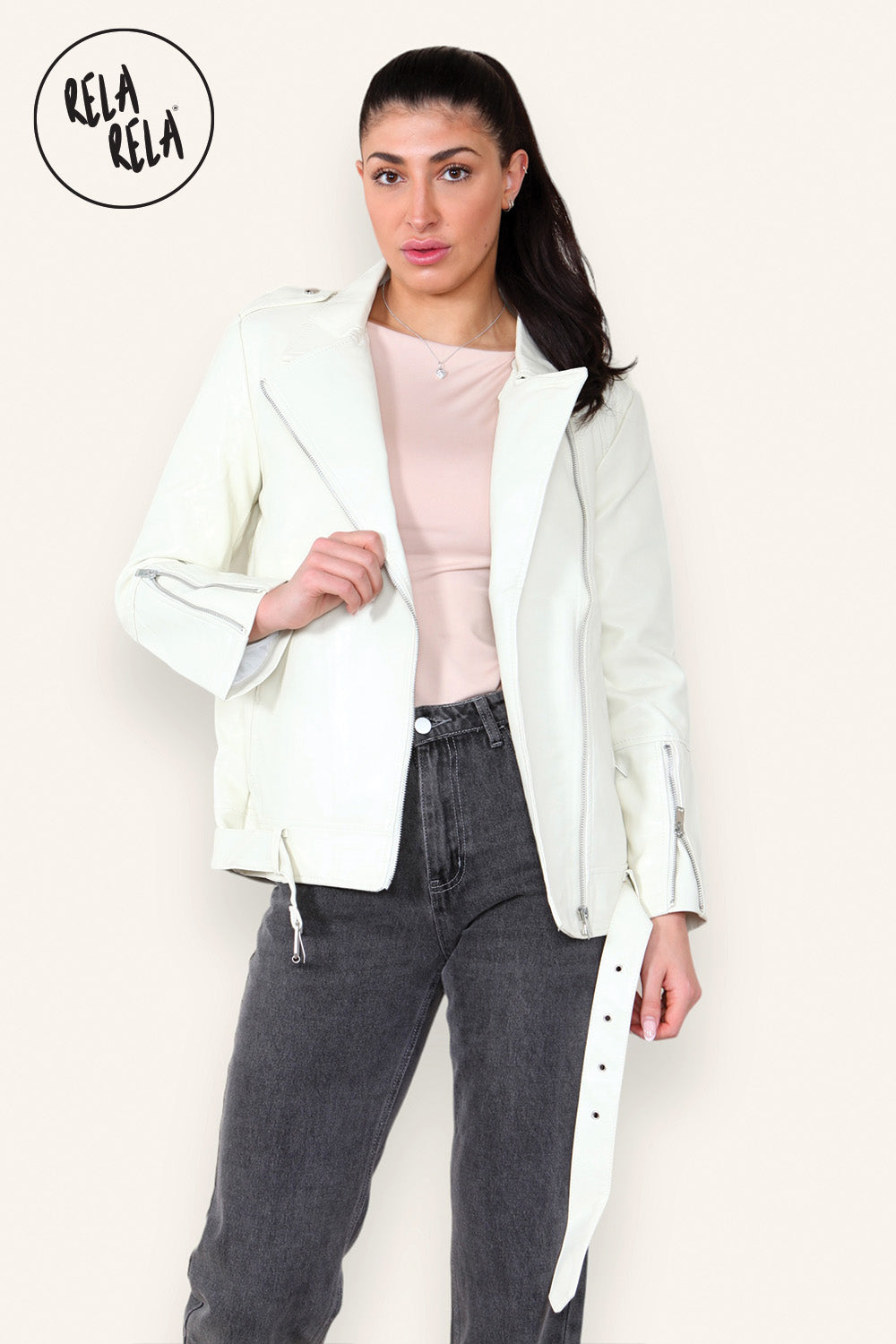 Graffiti Design Faux Leather Biker Jacket Zipper Outwear Coat in Cream