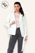 Graffiti Design Faux Leather Biker Jacket Zipper Outwear Coat in Cream