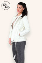 Graffiti Design Faux Leather Biker Jacket Zipper Outwear Coat in Cream