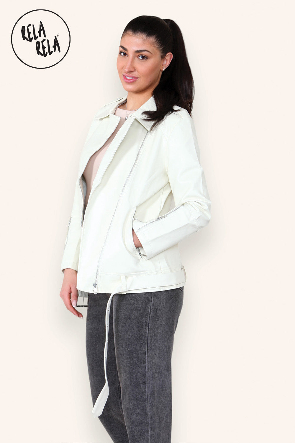 Graffiti Design Faux Leather Biker Jacket Zipper Outwear Coat in Cream