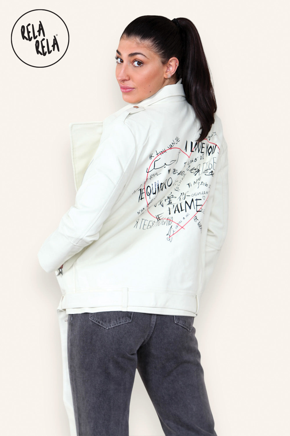 Graffiti Design Faux Leather Biker Jacket Zipper Outwear Coat in Cream
