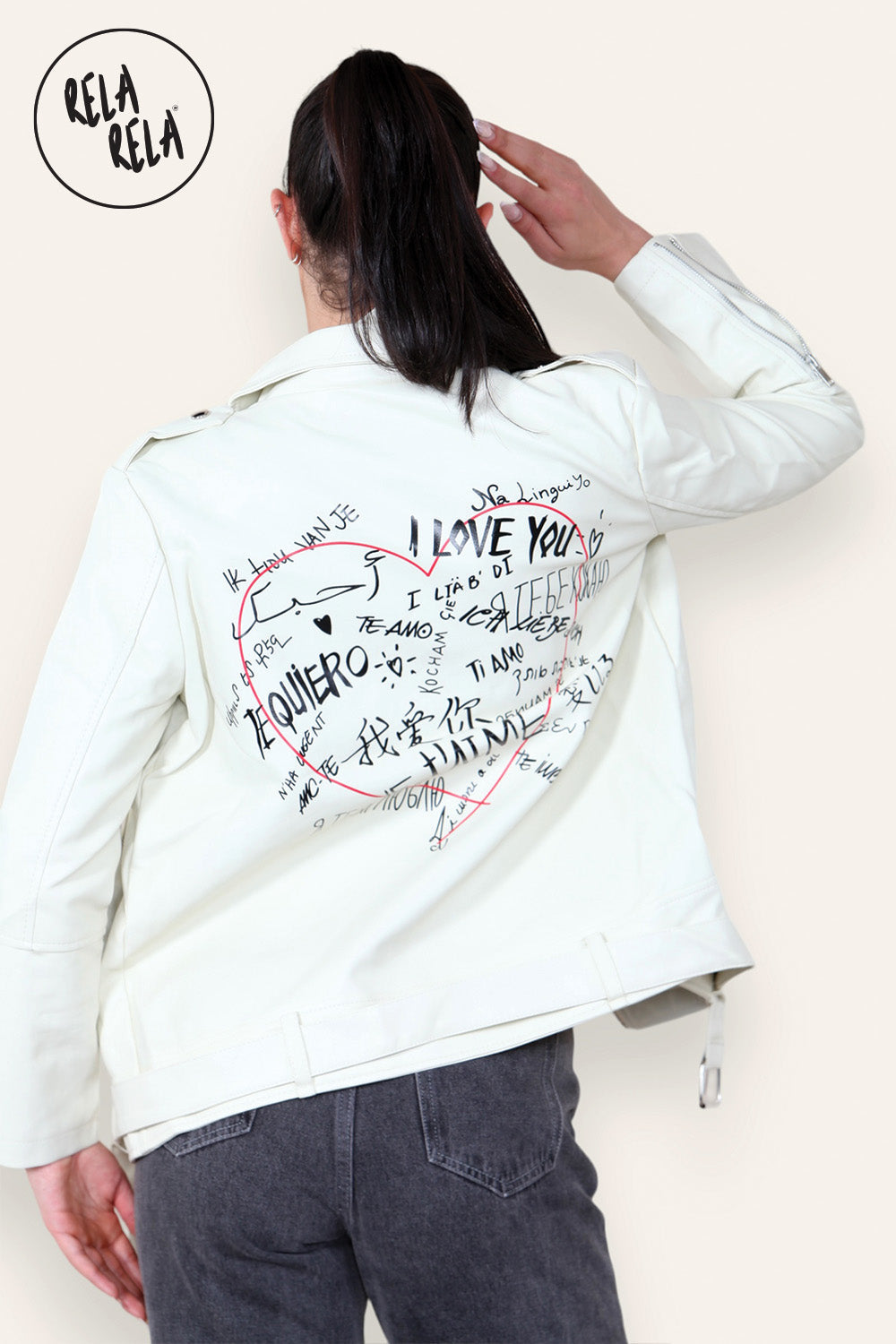 Graffiti Design Faux Leather Biker Jacket Zipper Outwear Coat in Cream