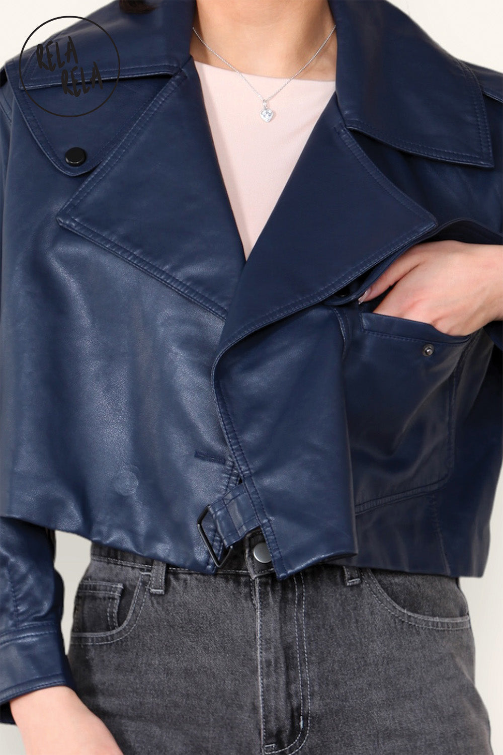 Cropped Long-sleeved Lapel Faux Leather Jacket Outwear Coat in Navy
