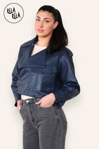 Cropped Long-sleeved Lapel Faux Leather Jacket Outwear Coat in Navy