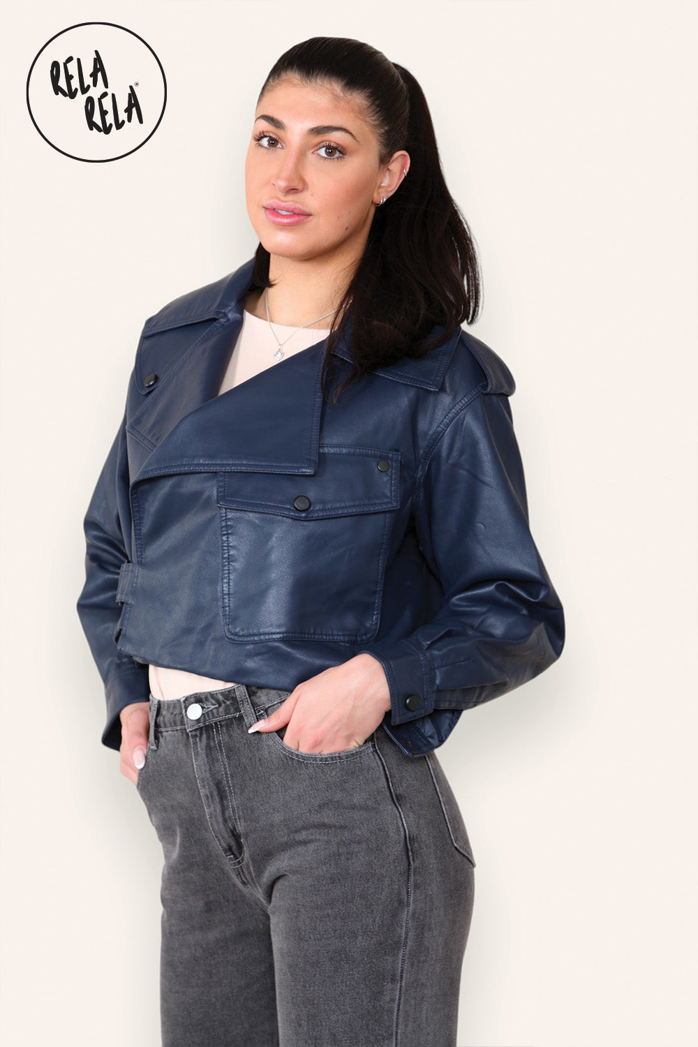 Cropped Long-sleeved Lapel Faux Leather Jacket Outwear Coat in Navy