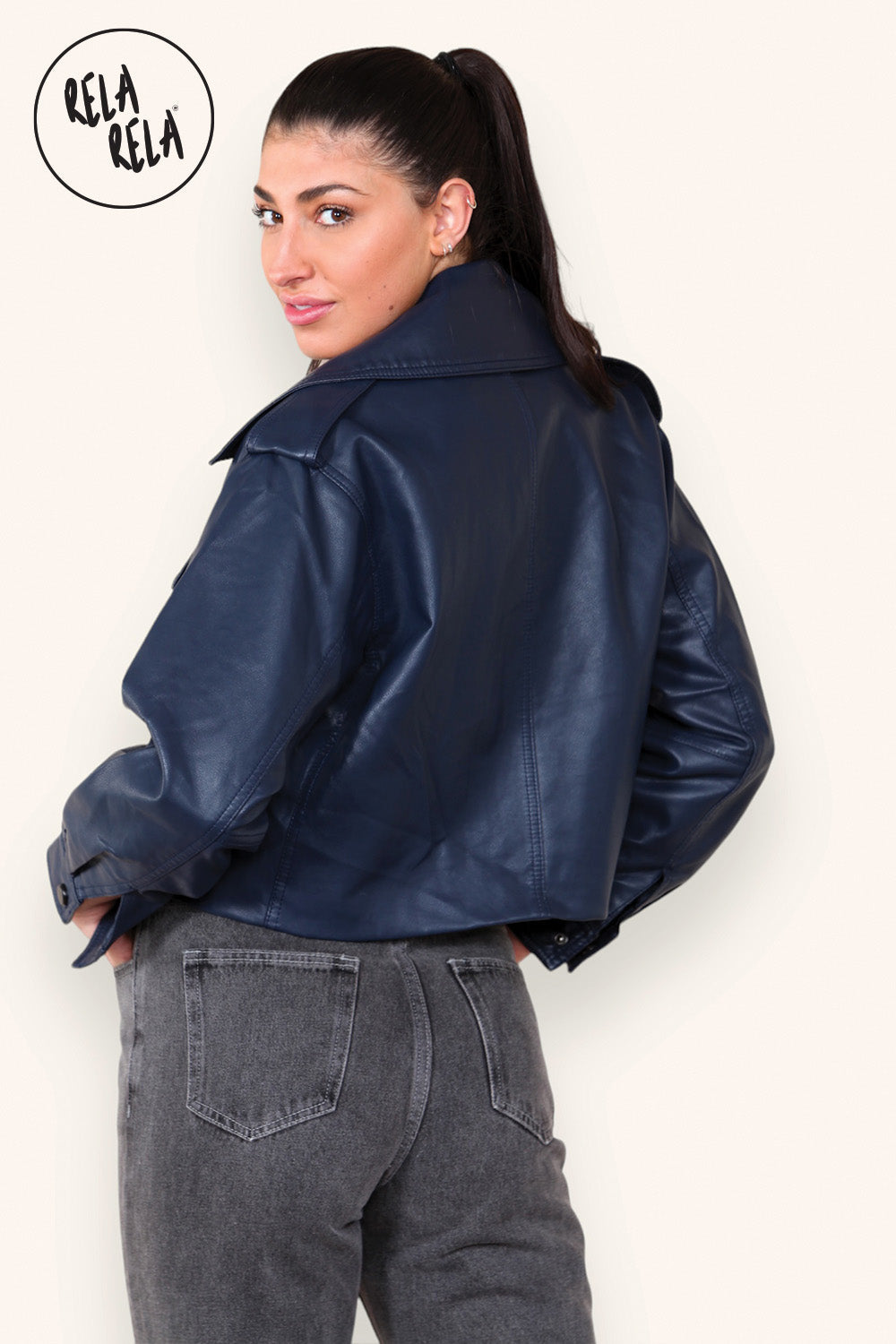 Cropped Long-sleeved Lapel Faux Leather Jacket Outwear Coat in Navy