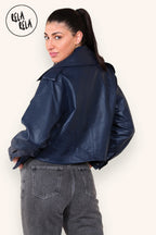 Cropped Long-sleeved Lapel Faux Leather Jacket Outwear Coat in Navy