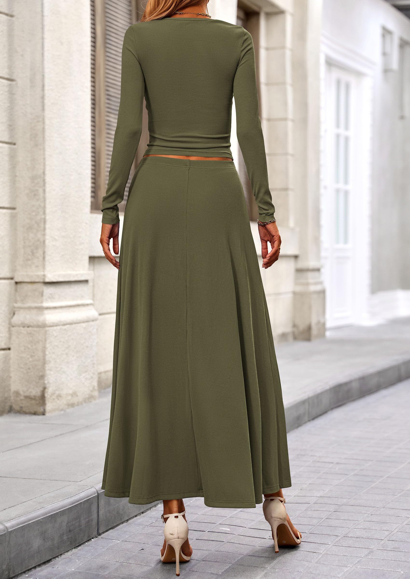 PRETTYGARDEN 2 Piece Casual Ribbed Knit Long Sleeve Crop Tops Maxi Flowy Skirts Matching Sets