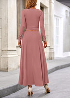 PRETTYGARDEN 2 Piece Casual Ribbed Knit Long Sleeve Crop Tops Maxi Flowy Skirts Matching Sets