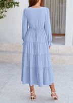 PRETTYGARDEN Women Fall Long Sleeve Smocked Maxi Dress Casual Square Neck Swiss Dot Tiered Ruffle Flowy Spring Pocket Dresses