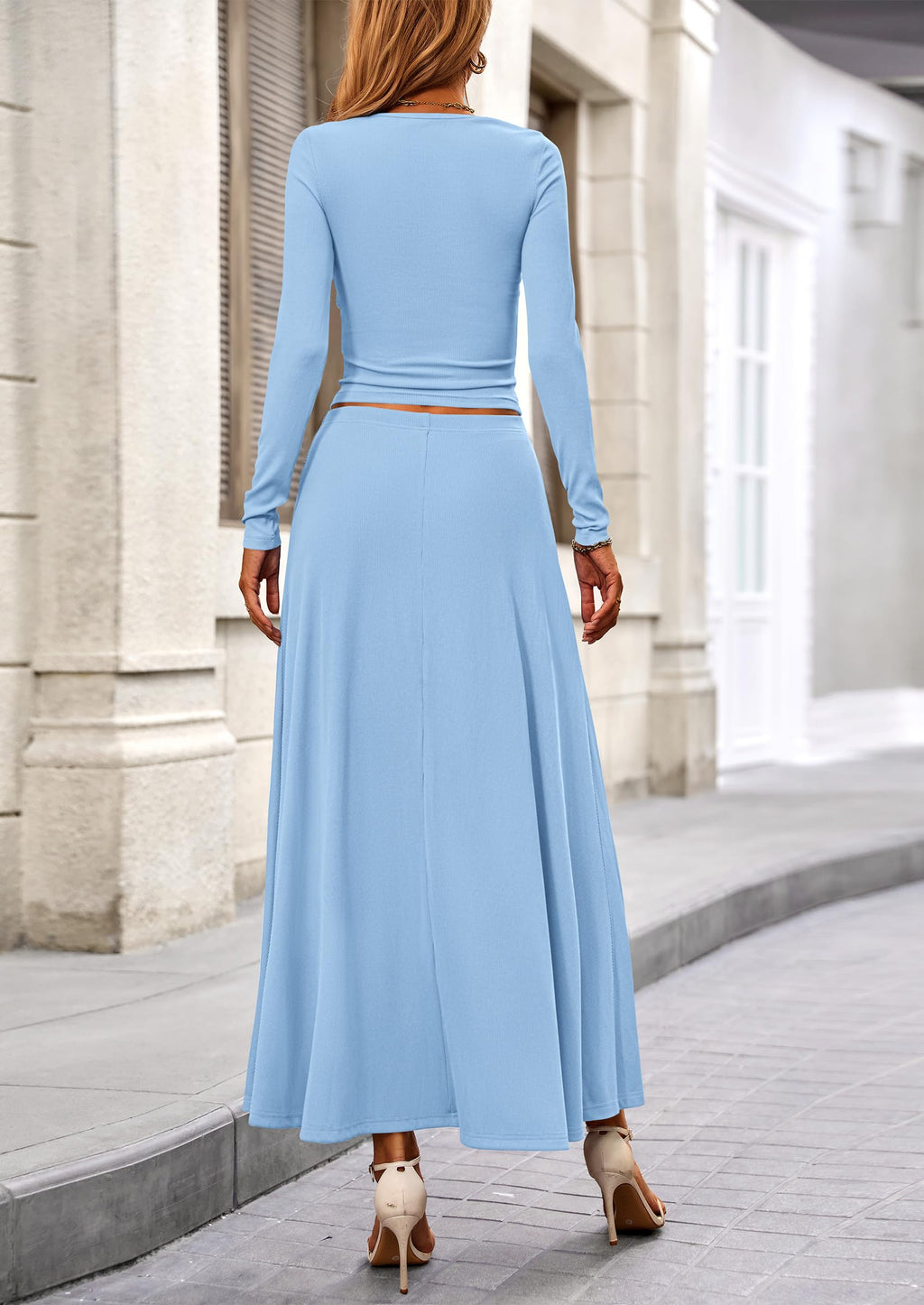 PRETTYGARDEN 2 Piece Casual Ribbed Knit Long Sleeve Crop Tops Maxi Flowy Skirts Matching Sets