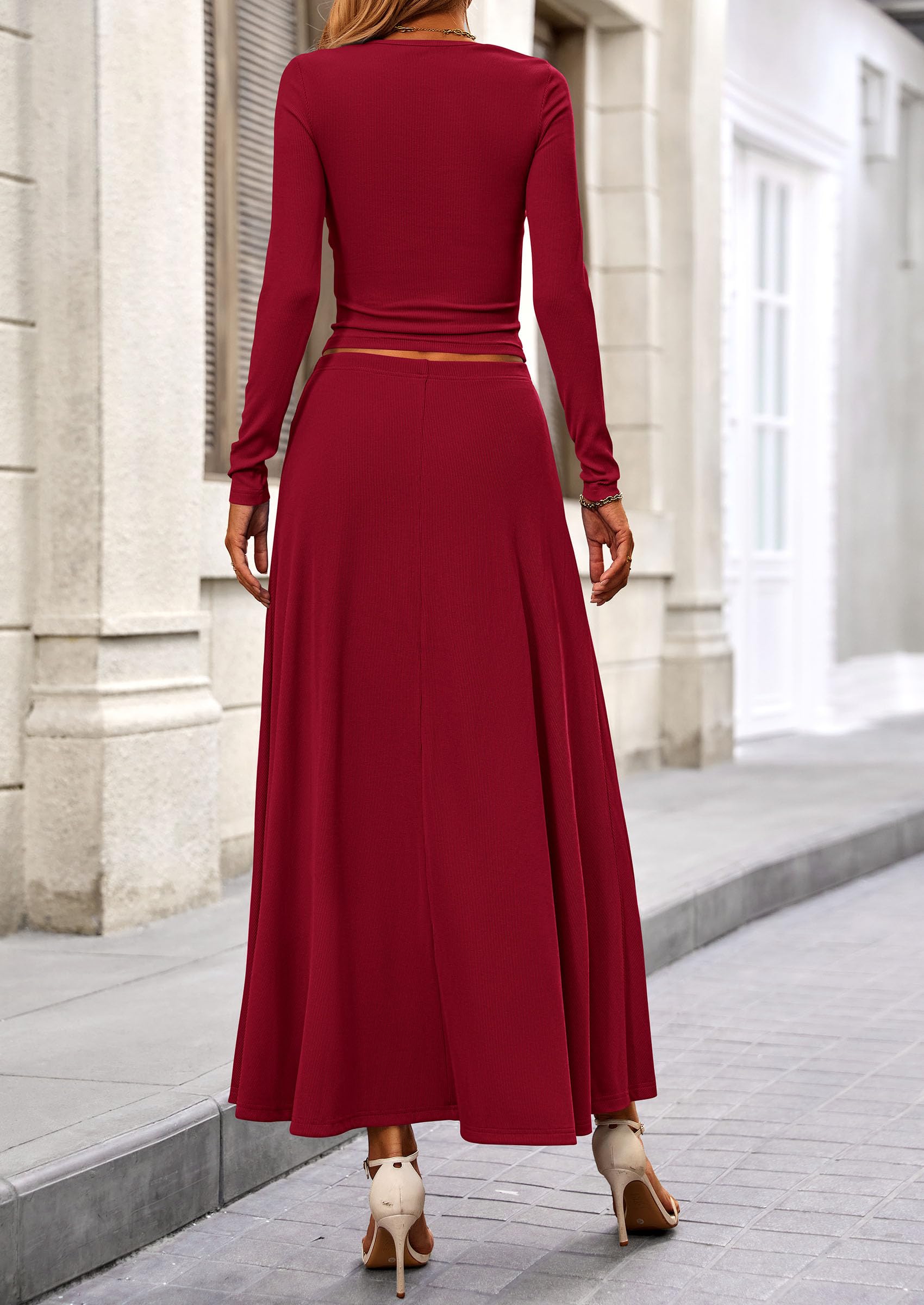 PRETTYGARDEN 2 Piece Casual Ribbed Knit Long Sleeve Crop Tops Maxi Flowy Skirts Matching Sets
