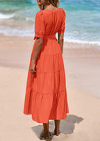 PRETTYGARDEN Women's Midi Dress Casual Short Sleeve V Neck Buttons Belted Ruffle A Line Flowy Dress with Pockets