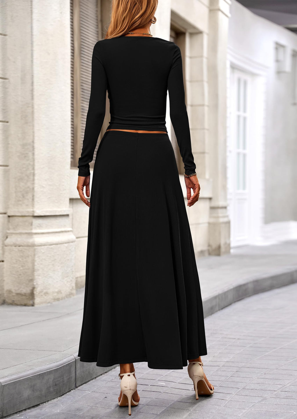 PRETTYGARDEN 2 Piece Casual Ribbed Knit Long Sleeve Crop Tops Maxi Flowy Skirts Matching Sets