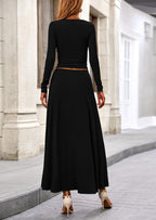 PRETTYGARDEN 2 Piece Casual Ribbed Knit Long Sleeve Crop Tops Maxi Flowy Skirts Matching Sets
