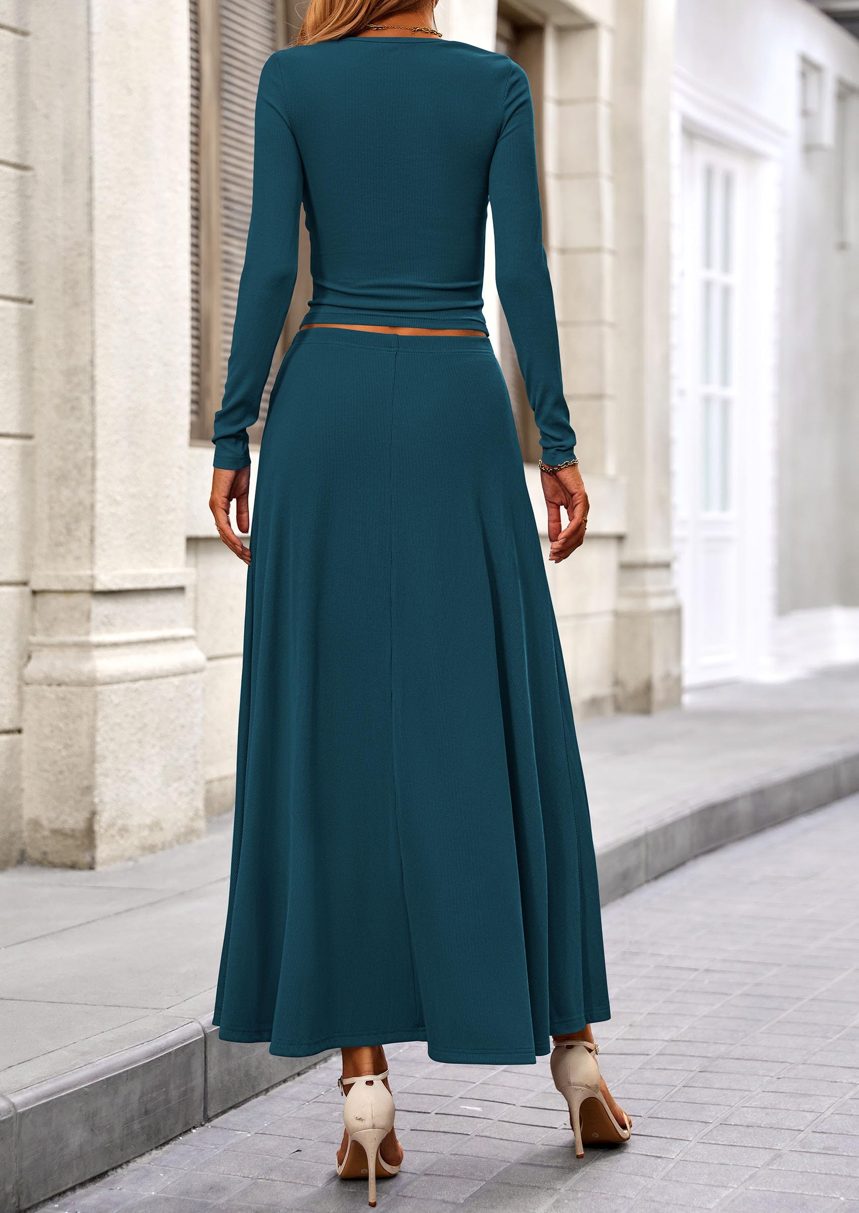 PRETTYGARDEN 2 Piece Casual Ribbed Knit Long Sleeve Crop Tops Maxi Flowy Skirts Matching Sets