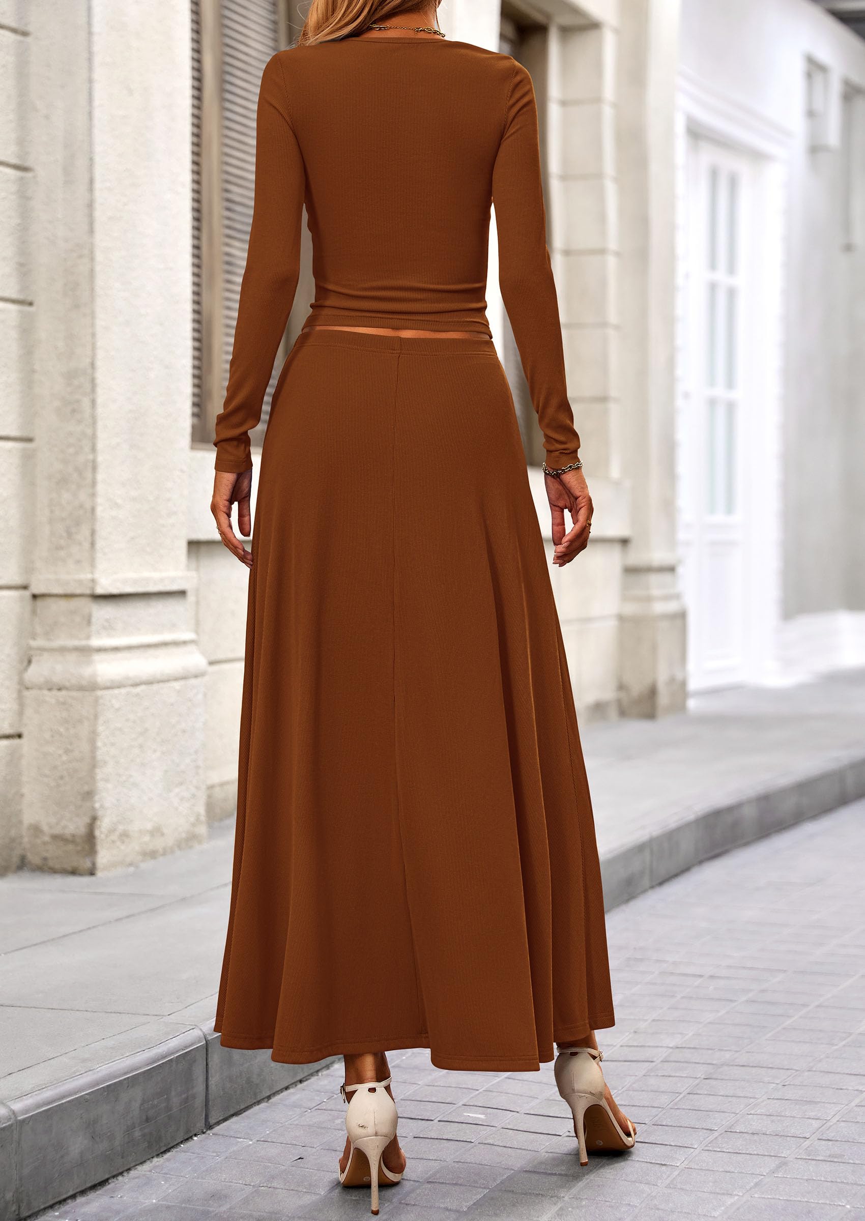 PRETTYGARDEN 2 Piece Casual Ribbed Knit Long Sleeve Crop Tops Maxi Flowy Skirts Matching Sets