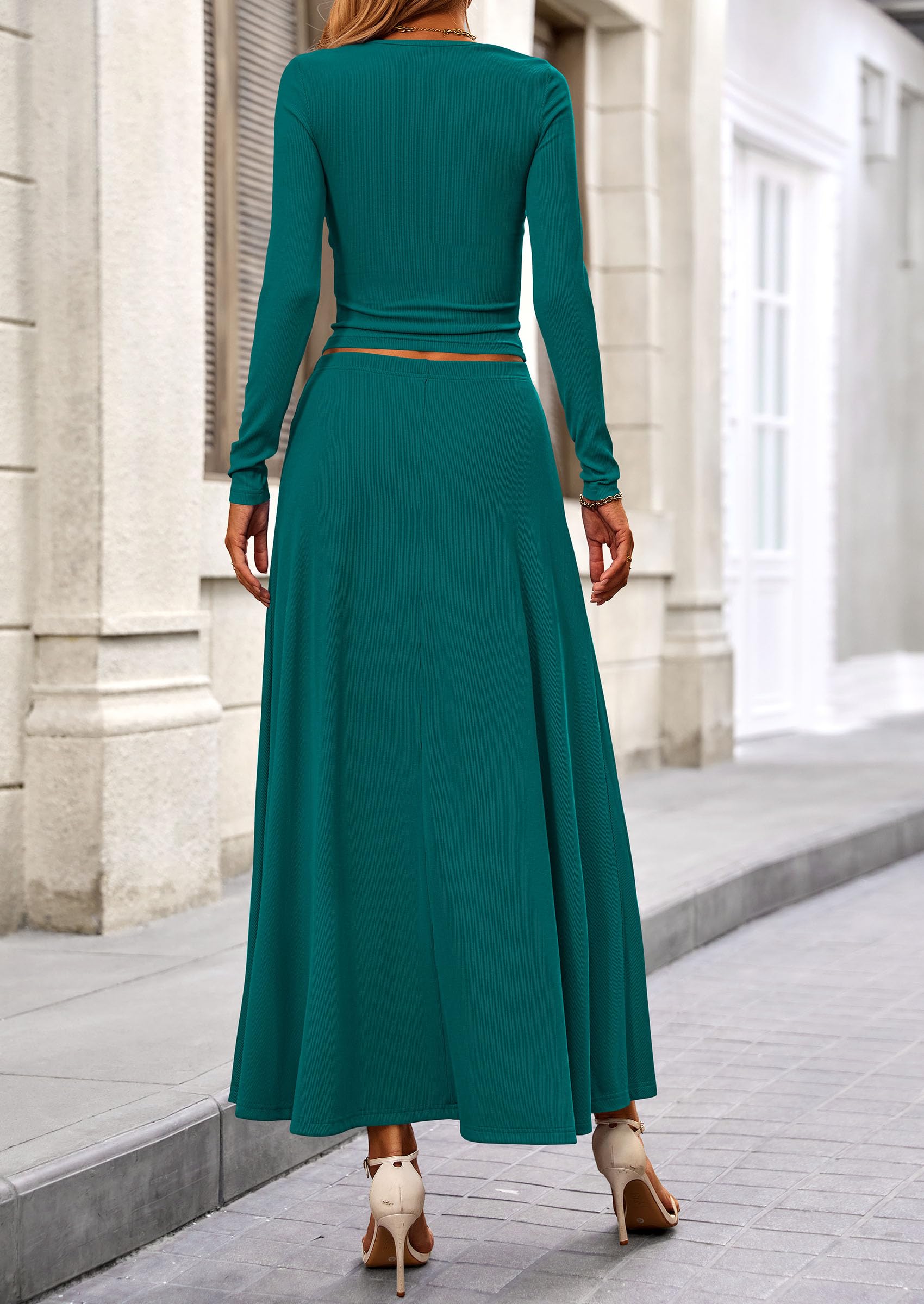 PRETTYGARDEN 2 Piece Casual Ribbed Knit Long Sleeve Crop Tops Maxi Flowy Skirts Matching Sets