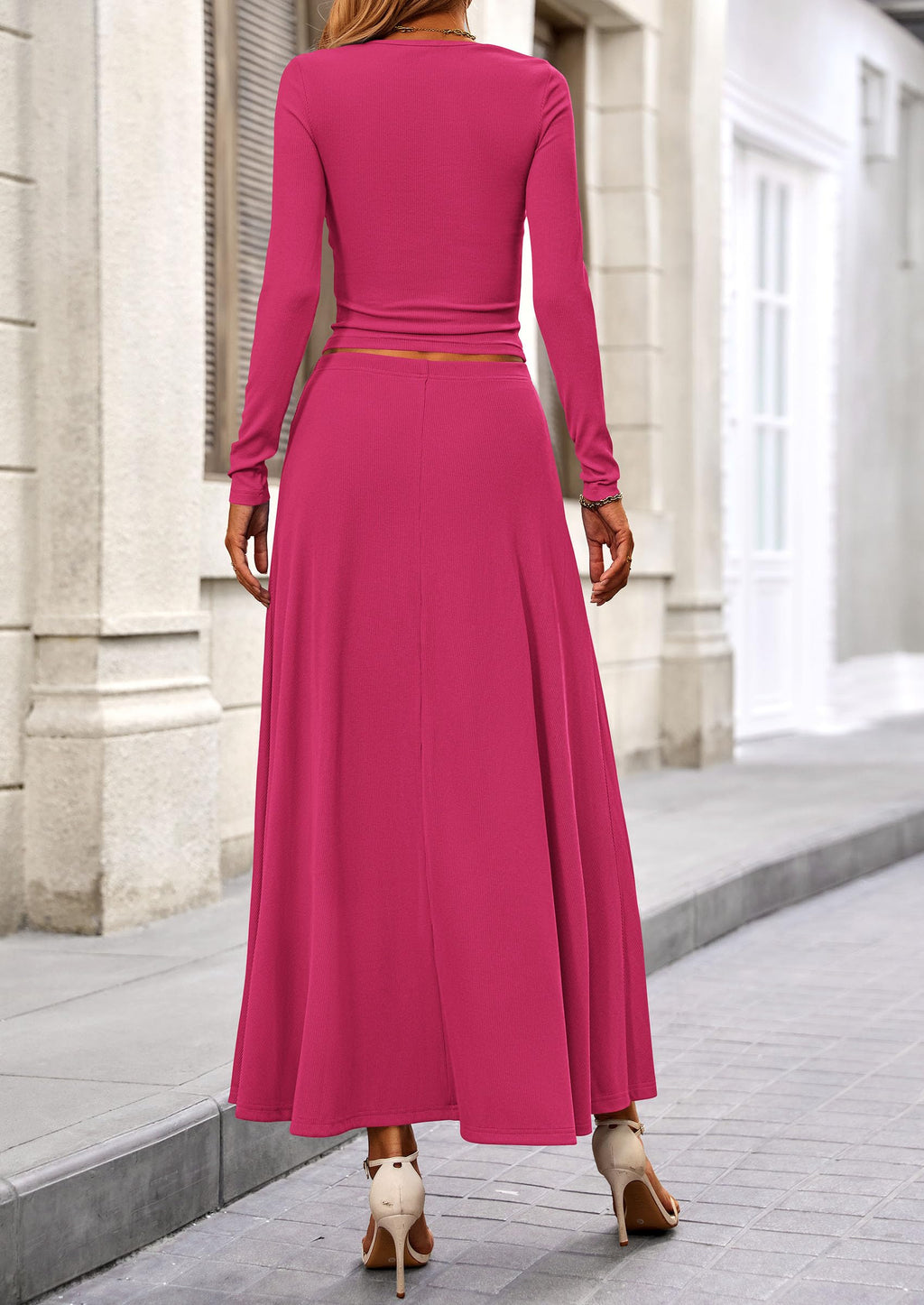 PRETTYGARDEN 2 Piece Casual Ribbed Knit Long Sleeve Crop Tops Maxi Flowy Skirts Matching Sets