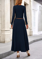 PRETTYGARDEN 2 Piece Casual Ribbed Knit Long Sleeve Crop Tops Maxi Flowy Skirts Matching Sets