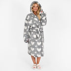 OHS Heart Print Teddy Marl Dressing Gown, Adults - Black
