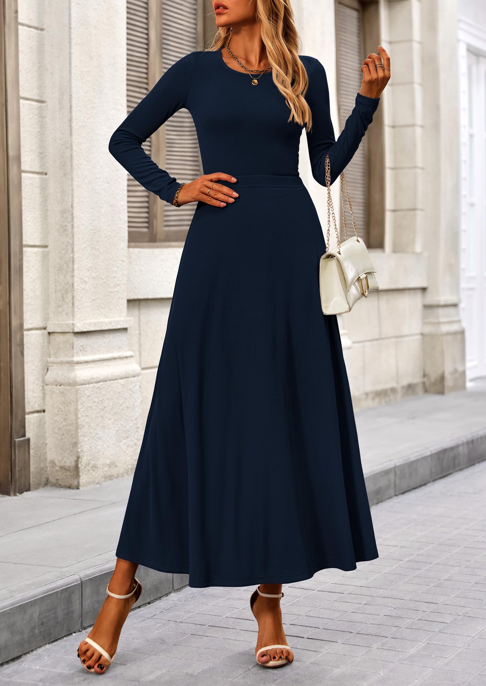 PRETTYGARDEN 2 Piece Casual Ribbed Knit Long Sleeve Crop Tops Maxi Flowy Skirts Matching Sets