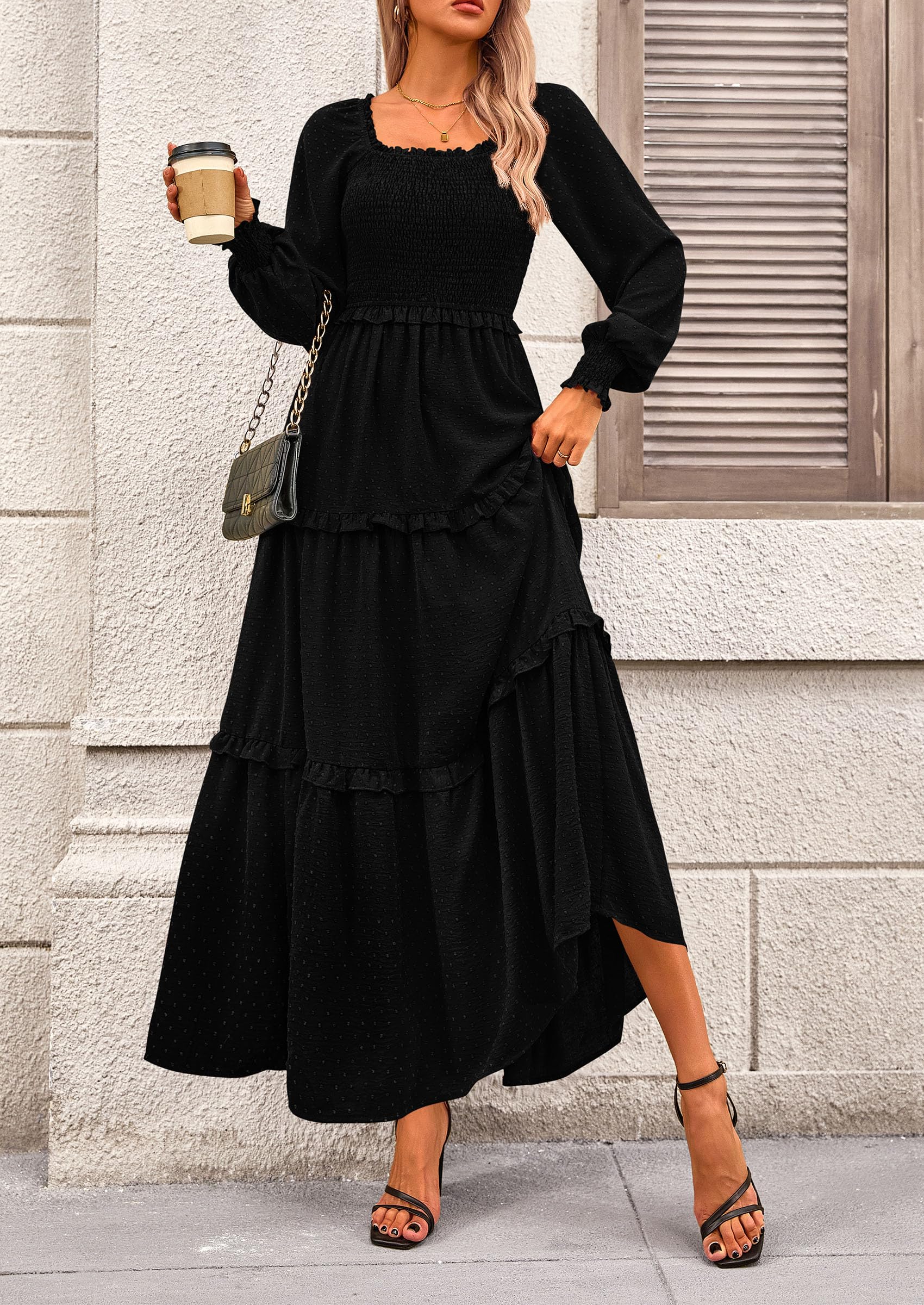 PRETTYGARDEN Women Fall Long Sleeve Smocked Maxi Dress Casual Square Neck Swiss Dot Tiered Ruffle Flowy Spring Pocket Dresses