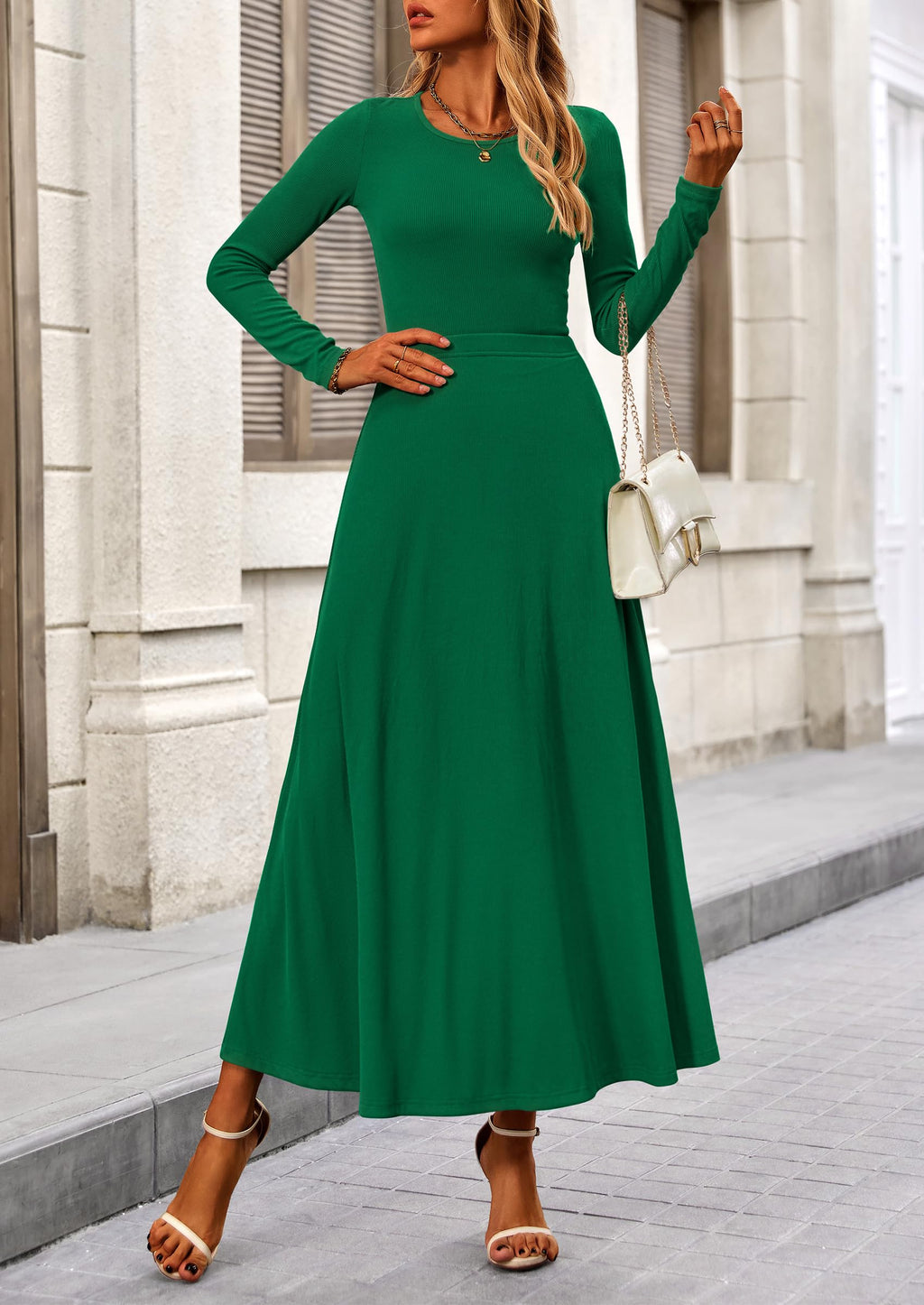 PRETTYGARDEN 2 Piece Casual Ribbed Knit Long Sleeve Crop Tops Maxi Flowy Skirts Matching Sets