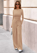 PRETTYGARDEN Women's 2 Piece Lounge Sets Fall Fashion Long Sleeve Crop Top Wide Leg Pants Matching Sets Clothing