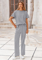 PRETTYGARDEN 2 Piece Outfits For Women Casual Tracksuit Short Sleeve Tops And Wide Leg Long Pants Matching Lounge Sets