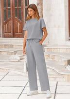 PRETTYGARDEN 2 Piece Outfits For Women Casual Tracksuit Short Sleeve Tops And Wide Leg Long Pants Matching Lounge Sets