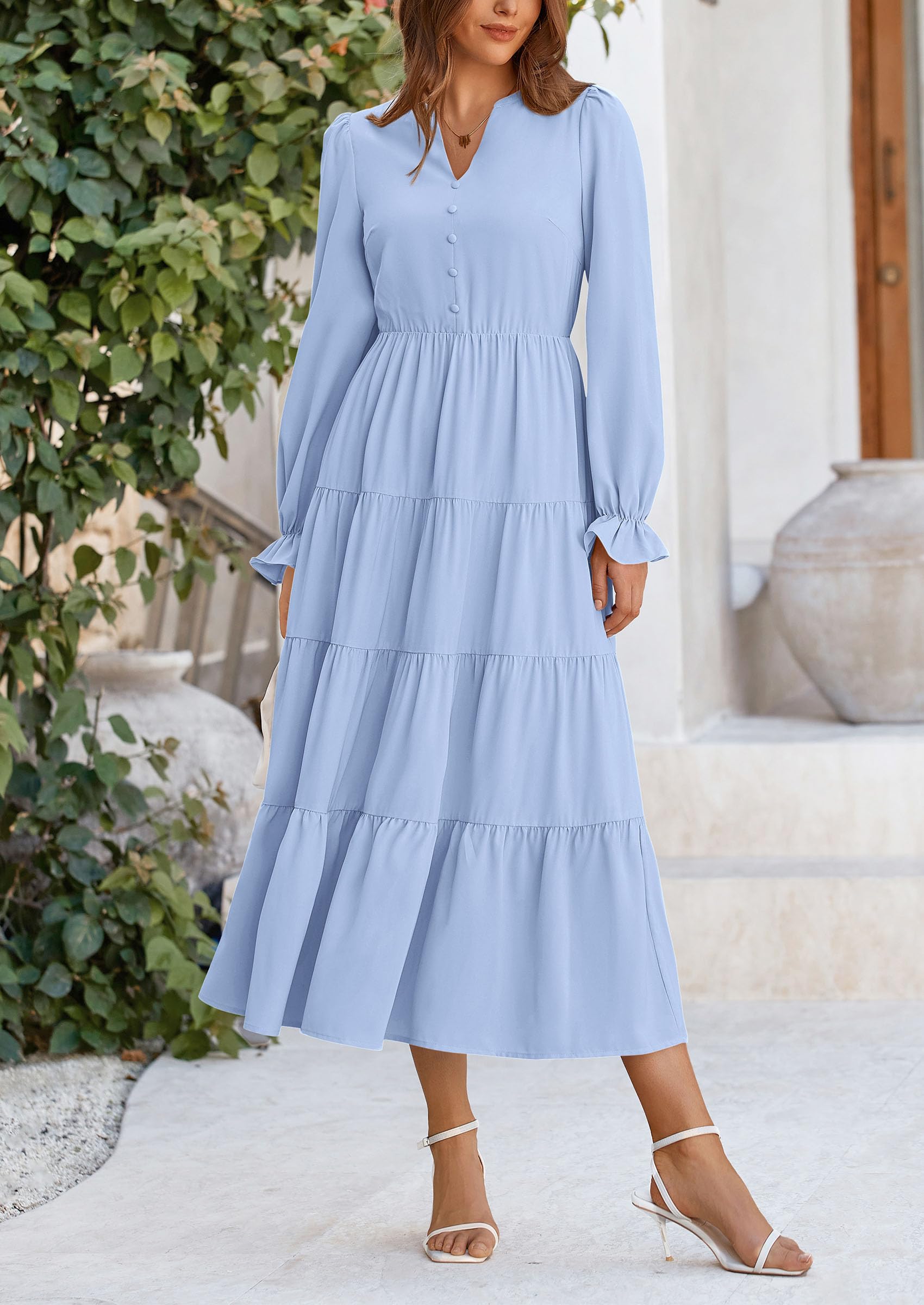 PRETTYGARDEN Women Fall Long Sleeve Smocked Maxi Dress Casual Square Neck Swiss Dot Tiered Ruffle Flowy Spring Pocket Dresses