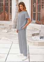 PRETTYGARDEN 2 Piece Outfits For Women Casual Tracksuit Short Sleeve Tops And Wide Leg Long Pants Matching Lounge Sets