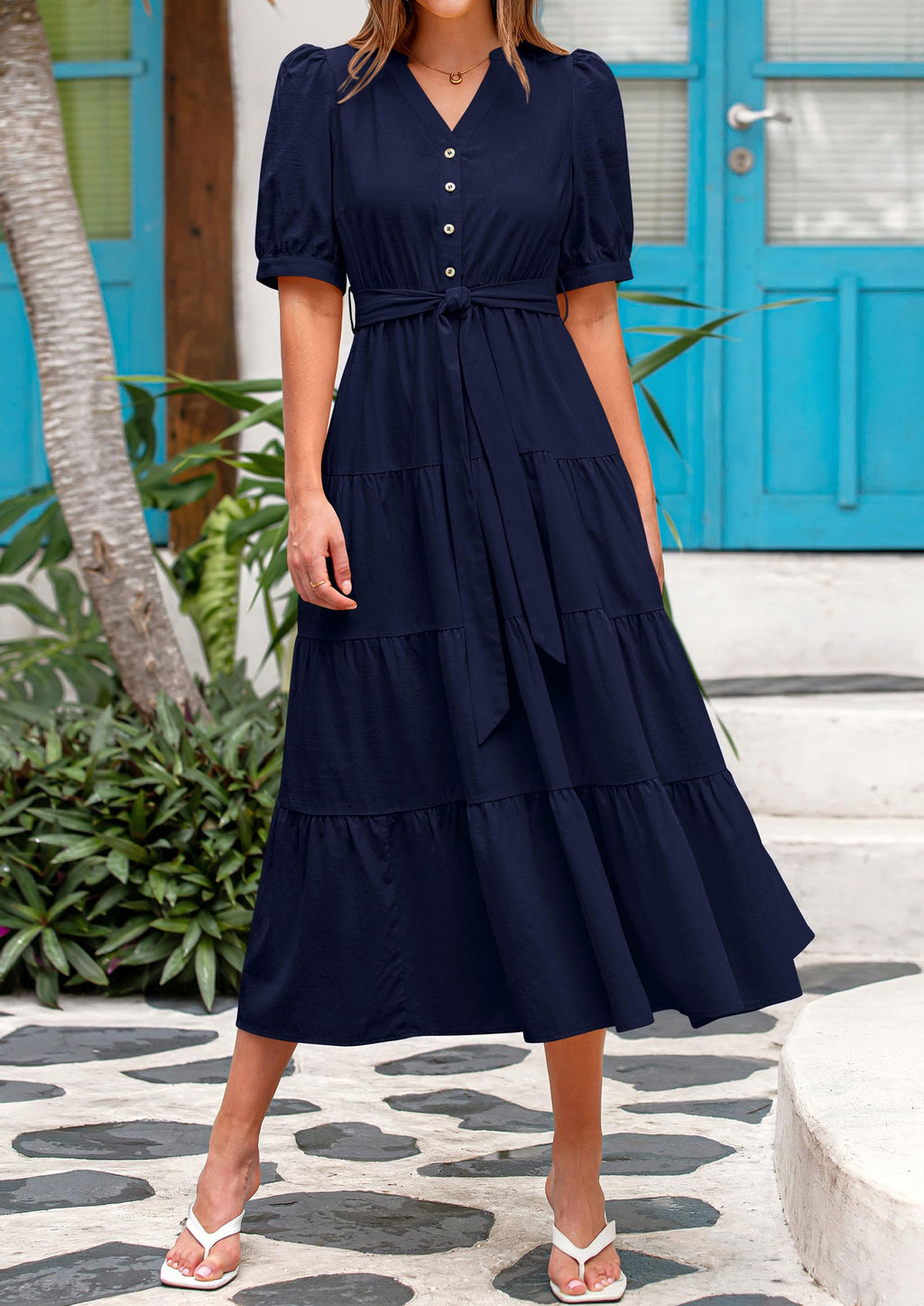 PRETTYGARDEN Women's Midi Dress Casual Short Sleeve V Neck Buttons Belted Ruffle A Line Flowy Dress with Pockets