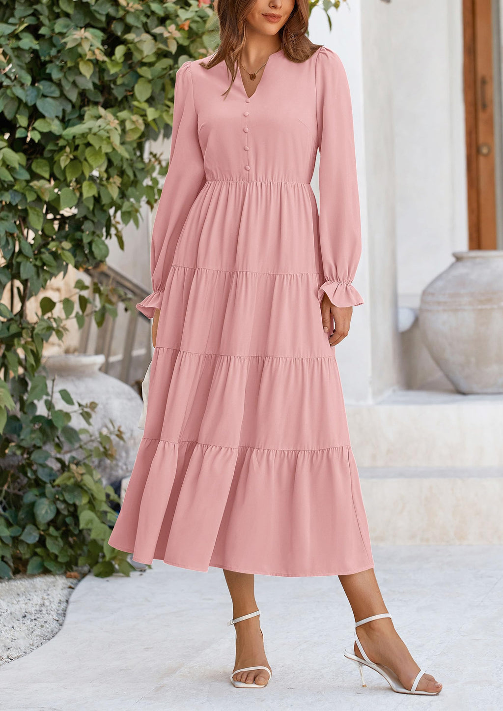 PRETTYGARDEN Women Fall Long Sleeve Smocked Maxi Dress Casual Square Neck Swiss Dot Tiered Ruffle Flowy Spring Pocket Dresses