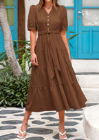PRETTYGARDEN Women's Midi Dress Casual Short Sleeve V Neck Buttons Belted Ruffle A Line Flowy Dress with Pockets