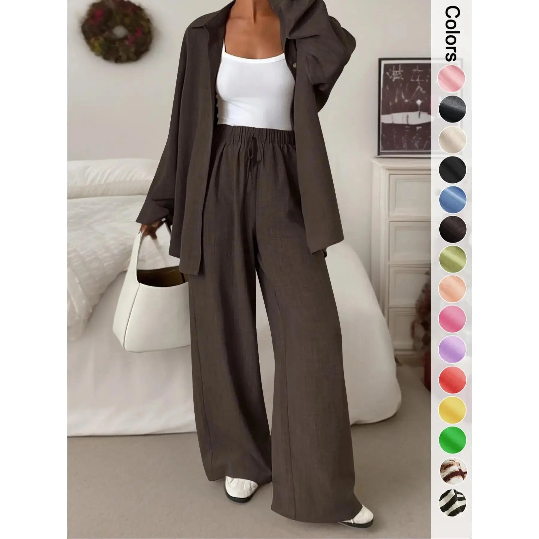 Women's Casual Sporty Shirt and Long Pants Set, Loose Button-Up Top and Wide-Leg Pants Two-Piece Set, Comfortable and Stylish