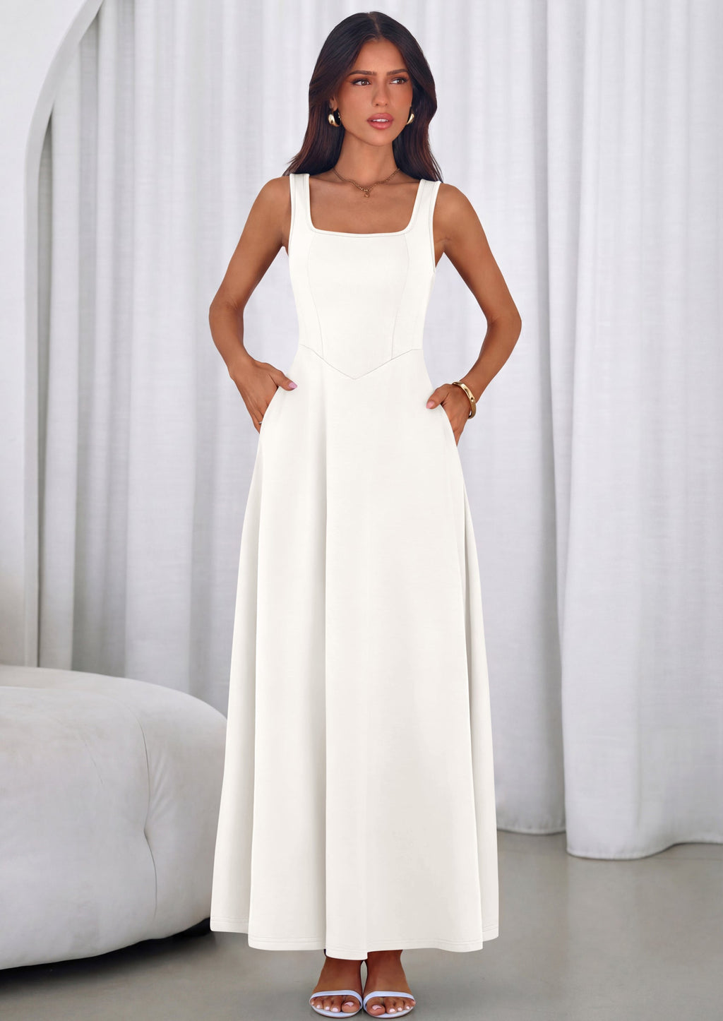 PRETTYGARDEN Womens Summer Dresses Sleeveless Elegant Square Neck Aline Swing Maxi Beach Wedding Guest Dress Pockets